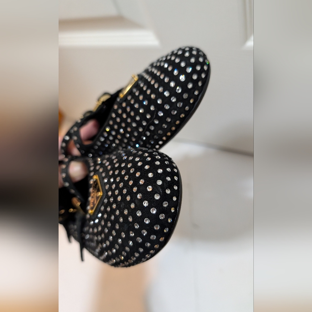 Prada Black Suede Ballerina Flats Dual Mary Jane Crystals Size 36.5 Logo NWOB - Picture 6 of 8